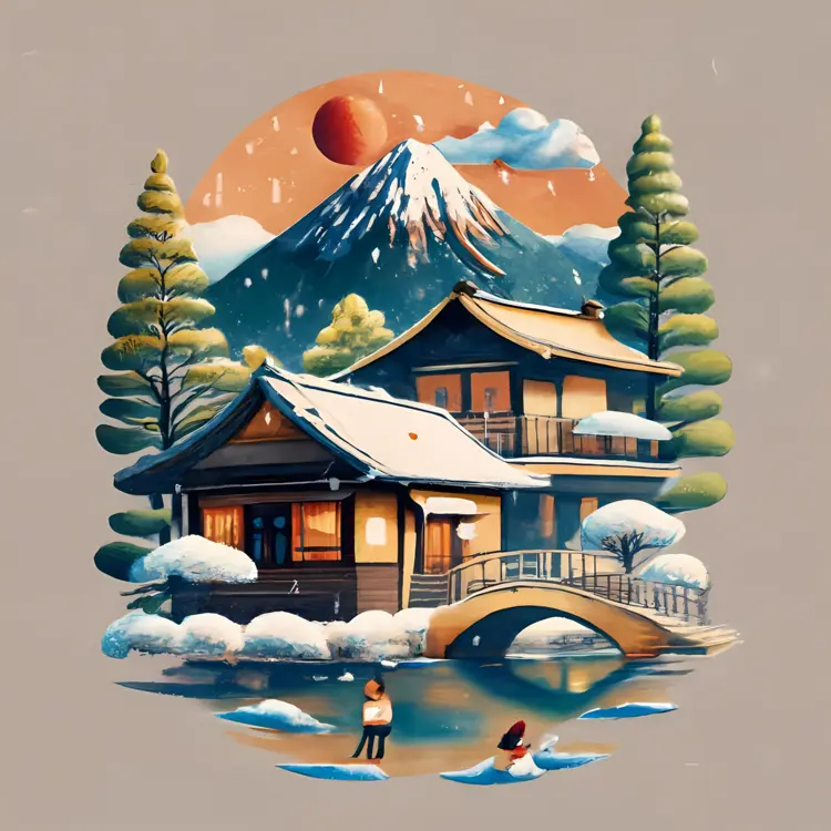 Snowy Japanese House with Bridge and Mountain
