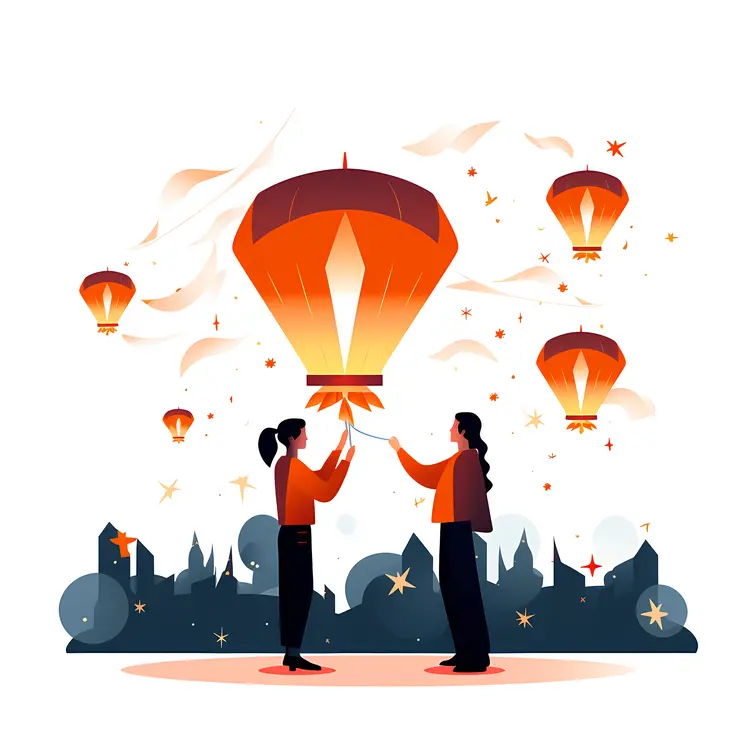 Couple Releasing Sky Lanterns in the City