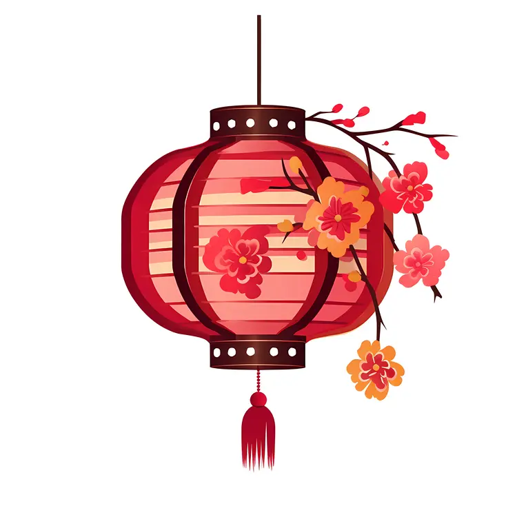 Red Lantern with Branch and Flowers for Chinese New Year