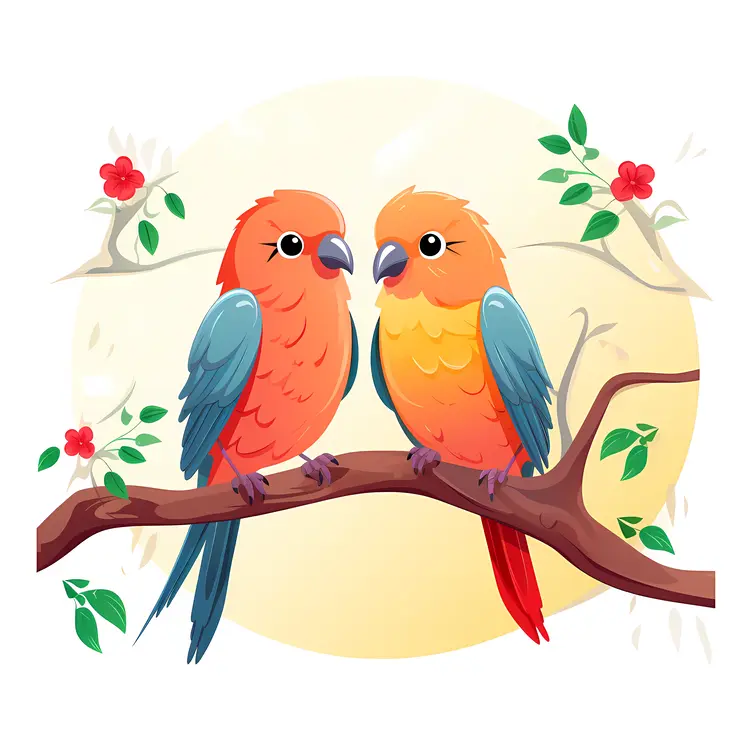 Colorful Parrots on a Branch in Nature