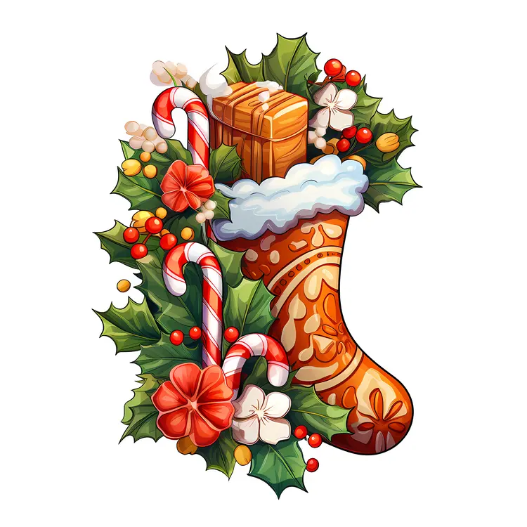Orange Christmas Stocking with Holly and Candy Canes