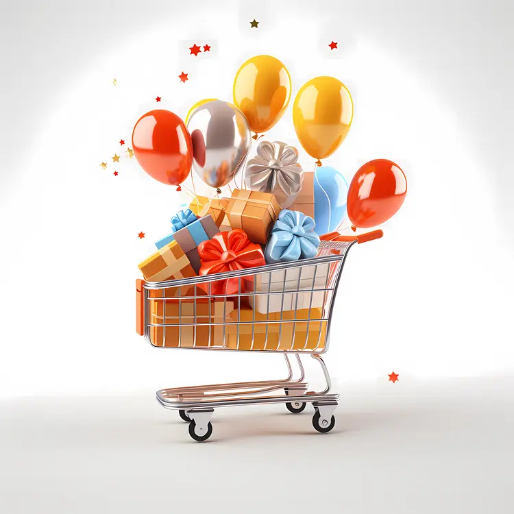 Festive Shopping Cart with Gifts and Balloons