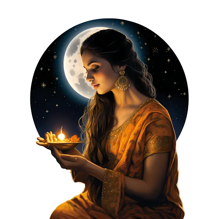 Traditional Woman Holding Lamp at Night