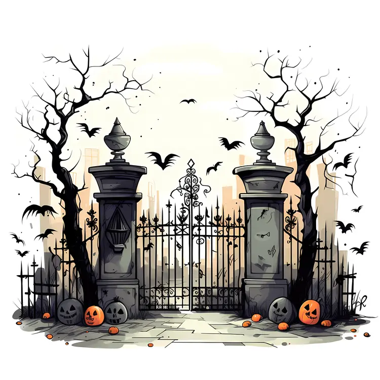 Spooky Gate with Pumpkins and Bats