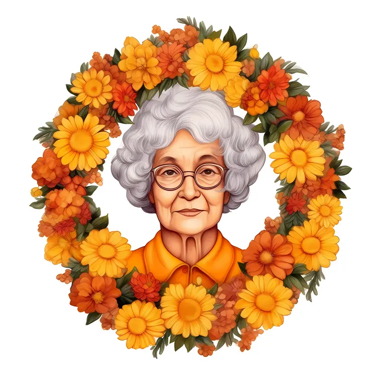 Beautiful Floral Wreath with Elderly Woman Portrait