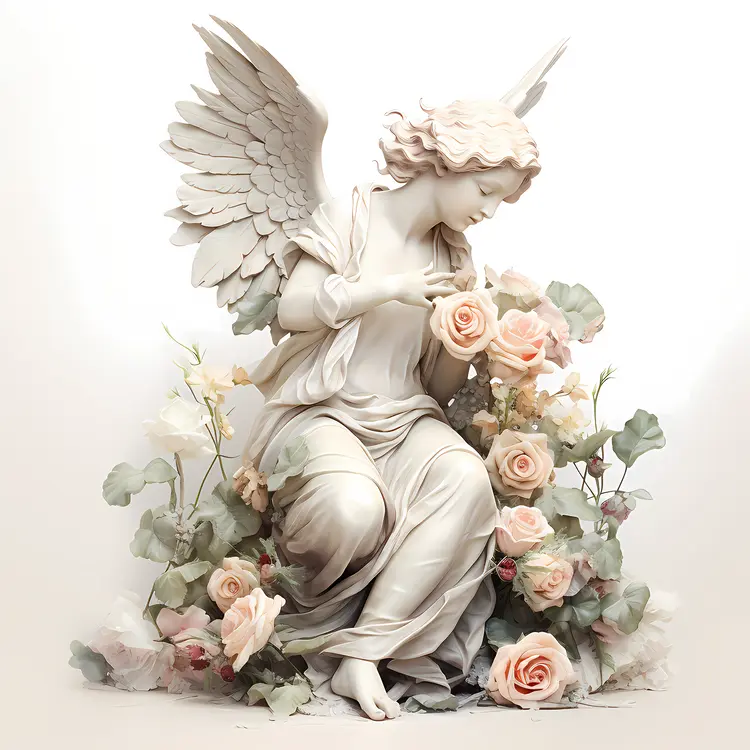 White Angel Statue with Pink Flowers