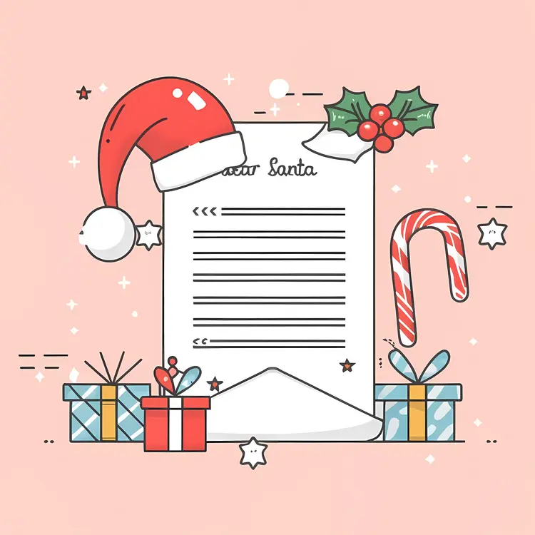 Dear Santa Letter with Santa Hat, Candy Cane, and Gifts