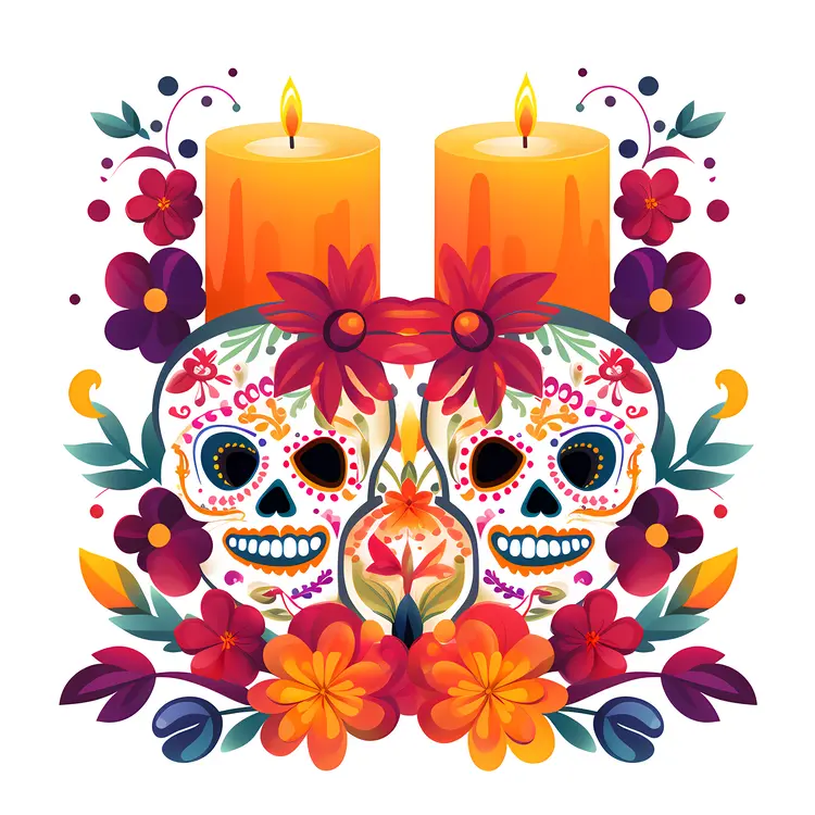 Colorful Sugar Skulls with Candles and Flowers for Day of the Dead