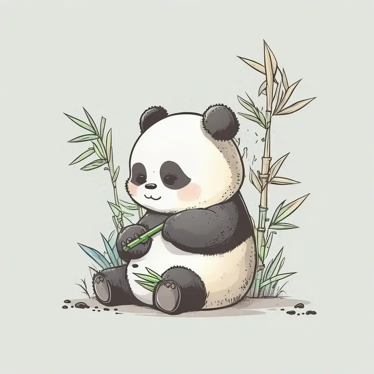 Cute Panda Eating Bamboo in Cartoon Style