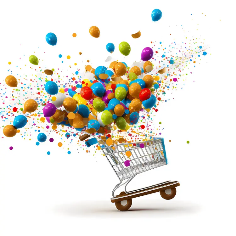 Shopping Cart with Colorful Balloons and Confetti