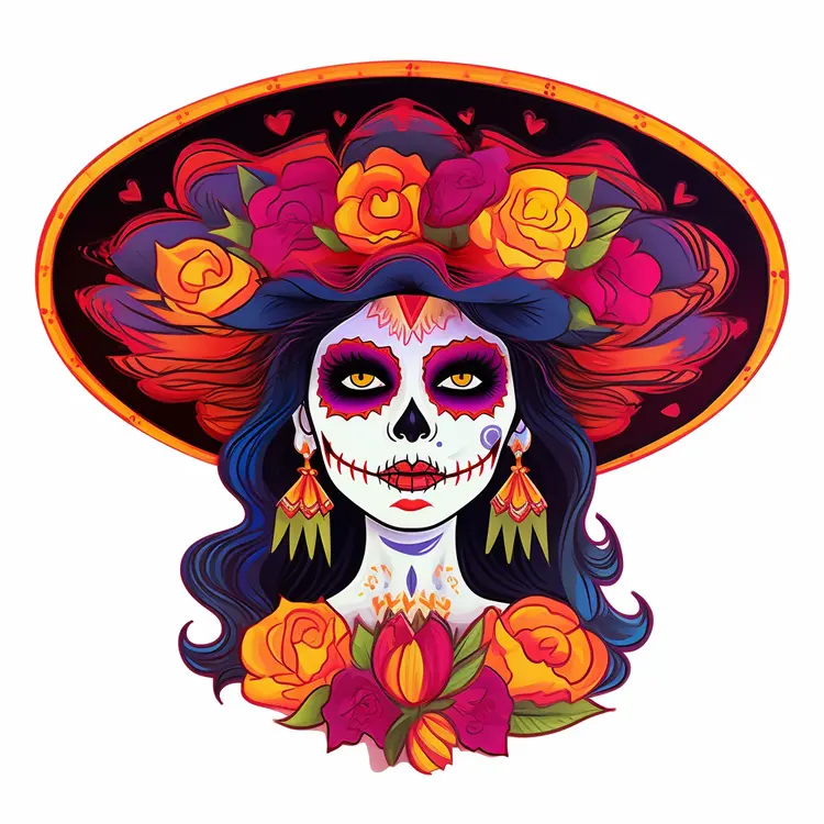 Colorful Sugar Skull with Flowers for Day of the Dead Celebration