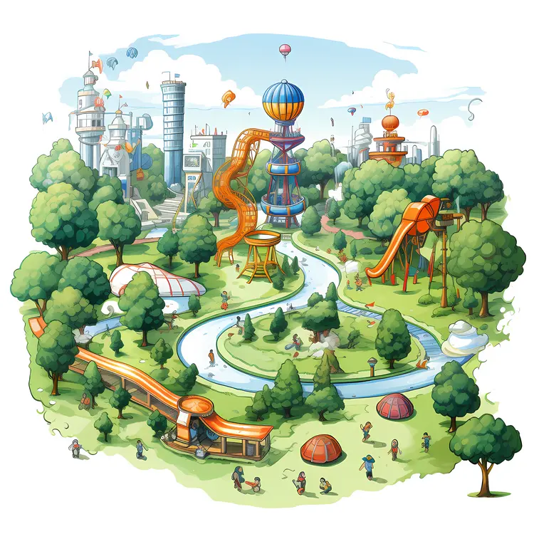Amusement Park with Rides and Trees