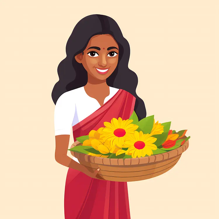 Woman in Traditional Dress Holding a Basket of Flowers