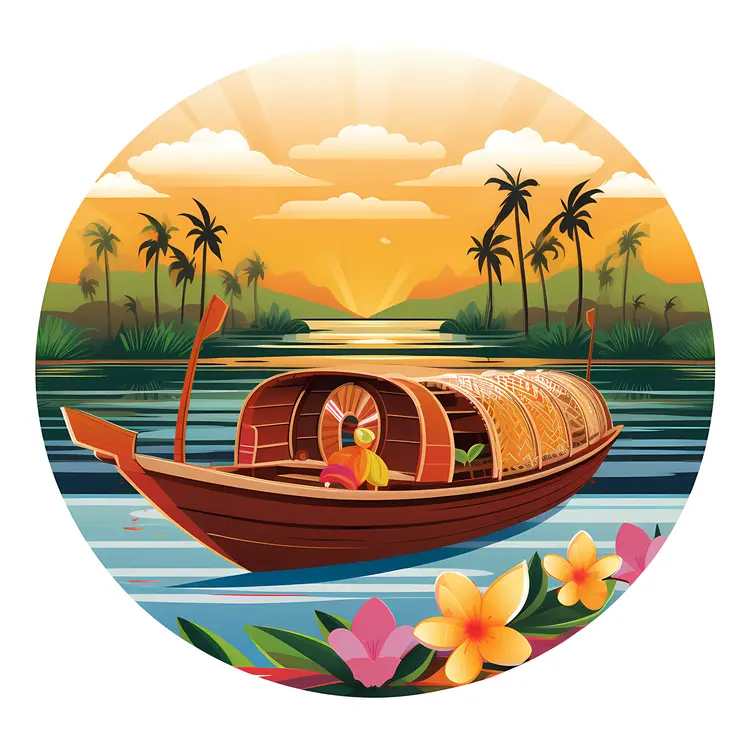 Traditional Boat with Flowers at Sunset