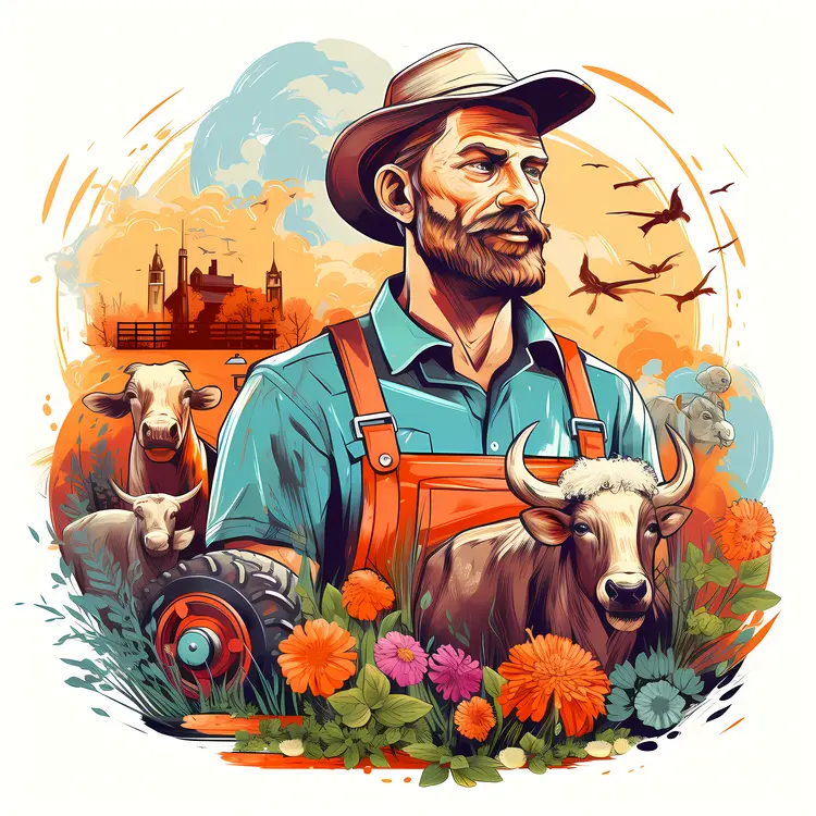 Cartoon Farmer with Cows in Field