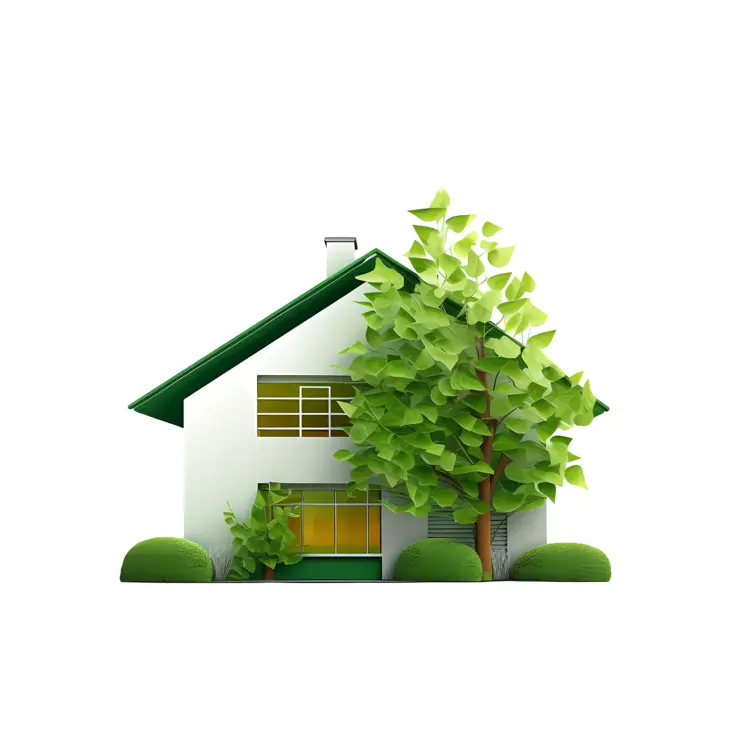 Suburban House with Green Roof and Tree