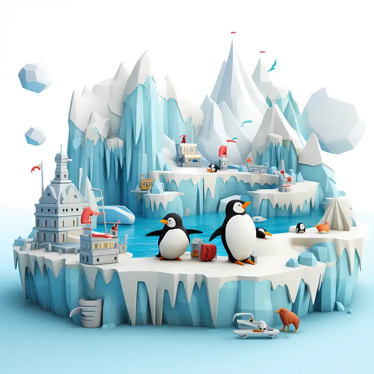 Penguins on Ice with Snowy Mountains
