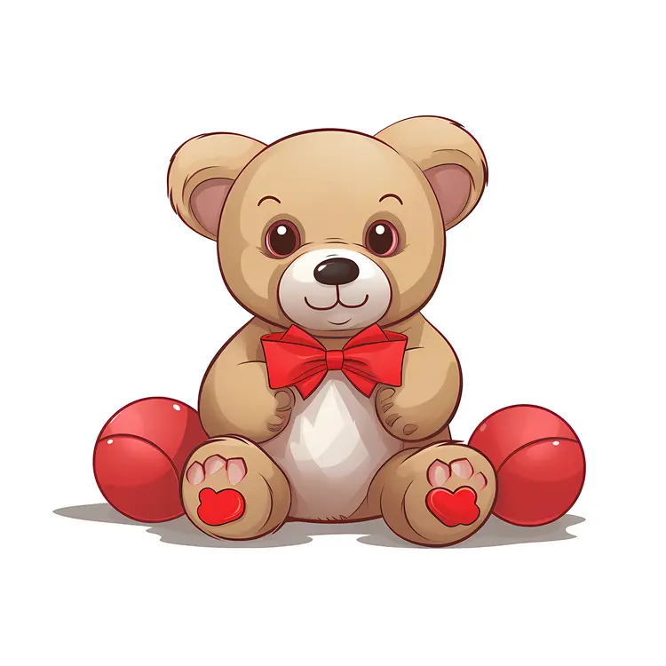 Cute Teddy Bear with Red Bow and Hearts