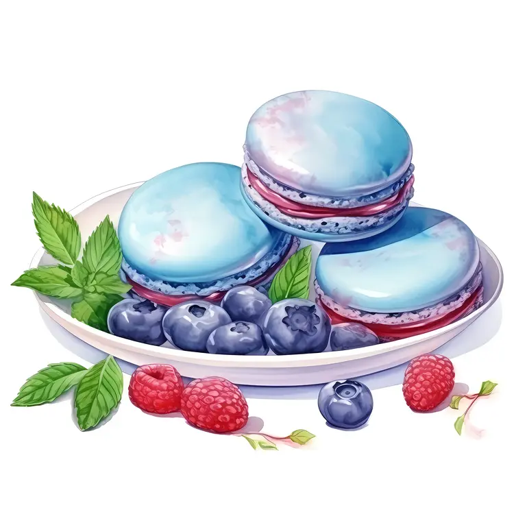 Blue Macarons with Berries on a Plate