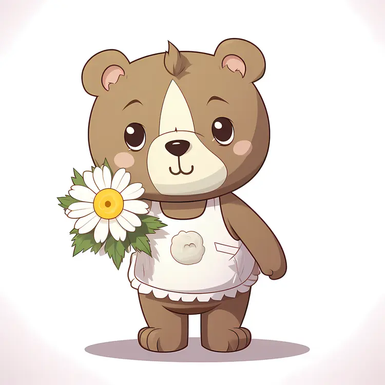 Cute Brown Bear Holding a Daisy Flower