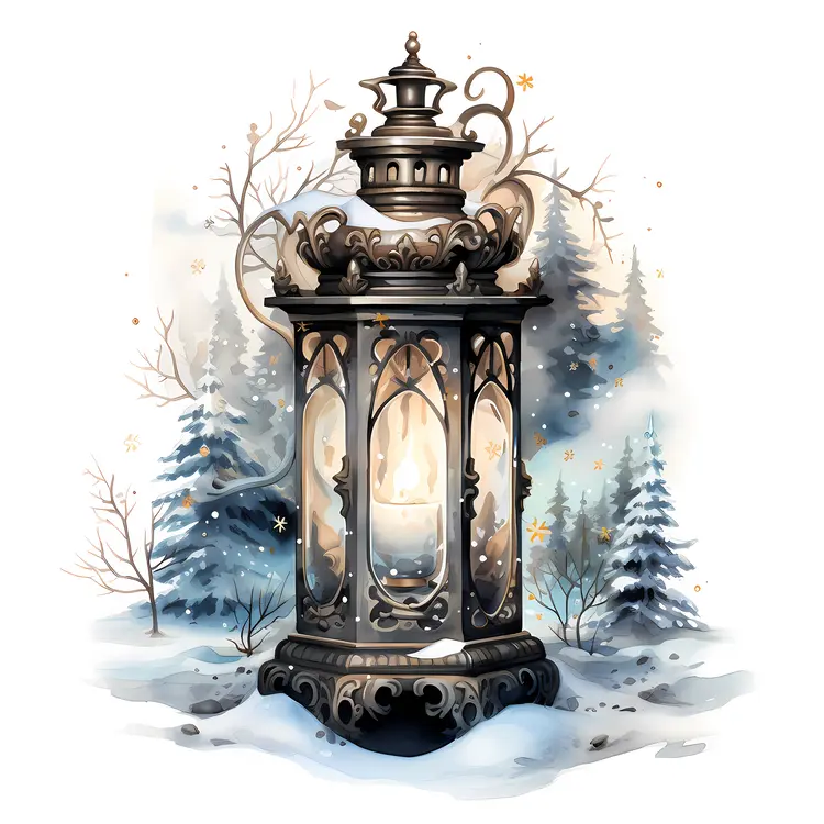 Ornate Lantern with Snow and Trees