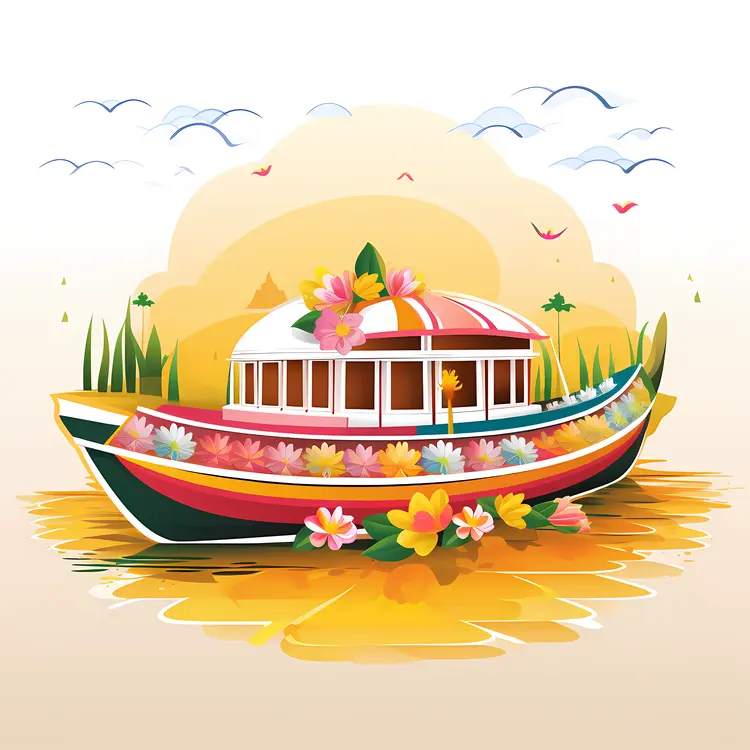 Colorful Boat with Floral Decorations on a Sunny River