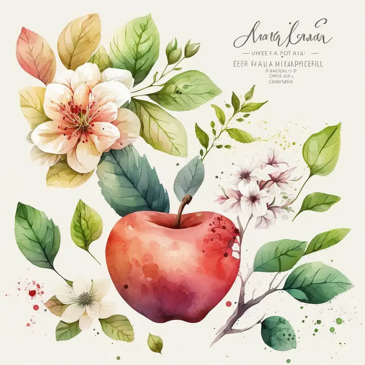 Watercolor Apple with Flowers and Leaves