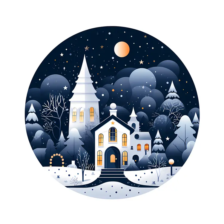 Snowy House with Trees at Night