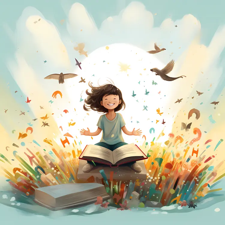 Girl Reading a Book with Imaginative Surroundings