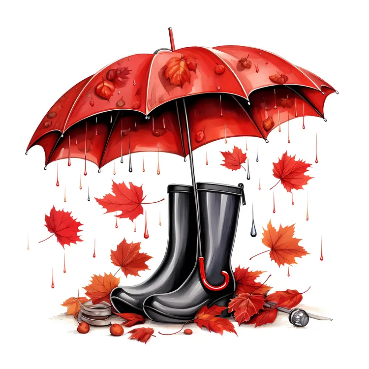 Black Boots and Umbrella with Autumn Leaves