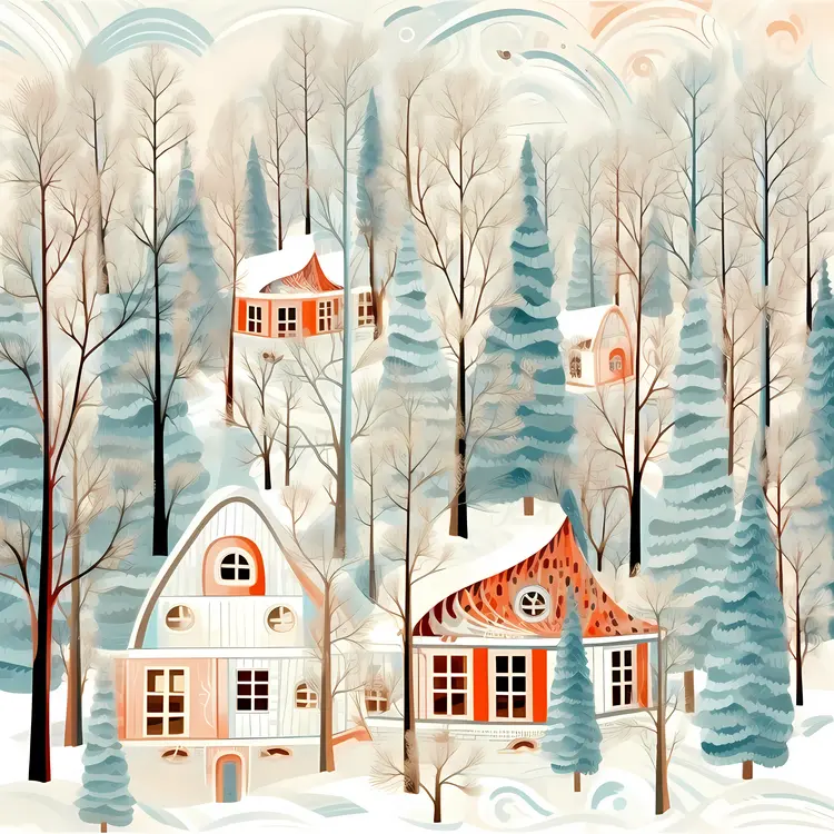 Snowy Houses in Winter Forest