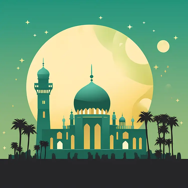Mosque with Palm Trees at Night