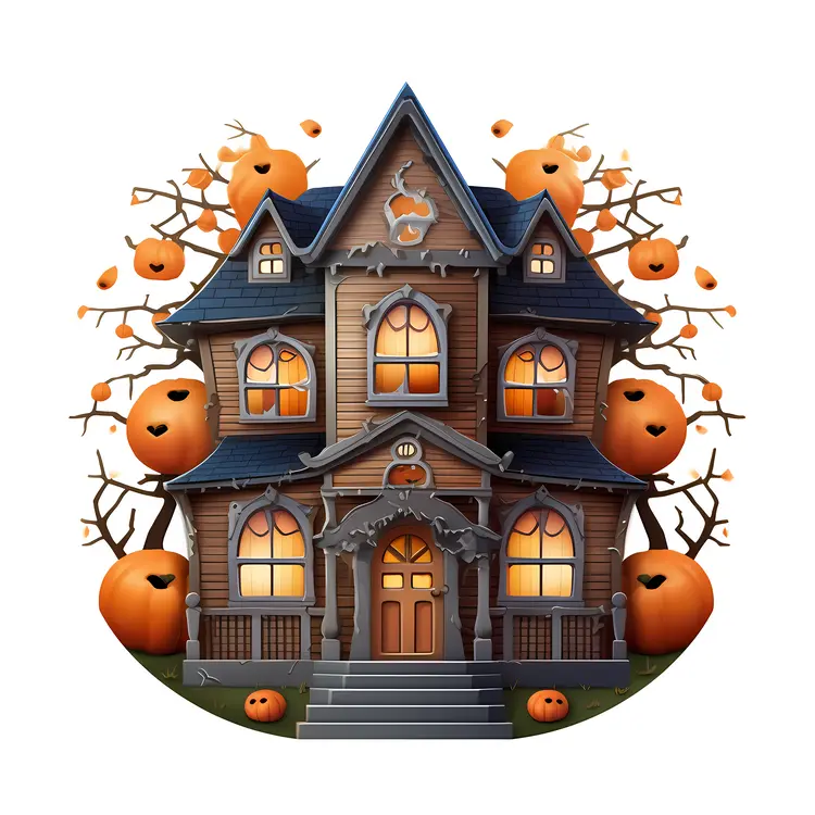 Spooky Haunted House with Pumpkins for Halloween