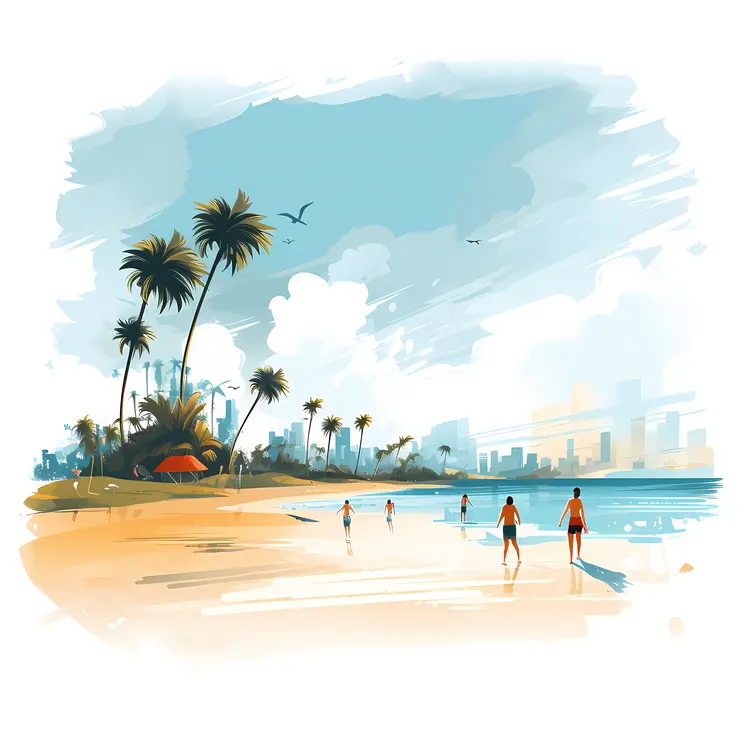 Beautiful Beach Scene with Palm Trees and City Skyline
