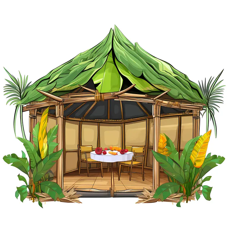 Tropical Bamboo Hut with Leaf Roof