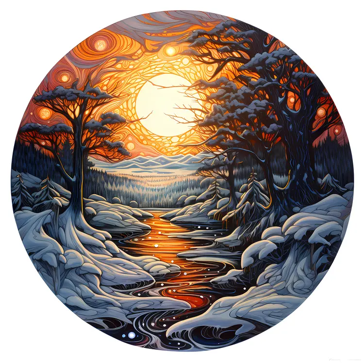 Sunset Over a Snowy Forest