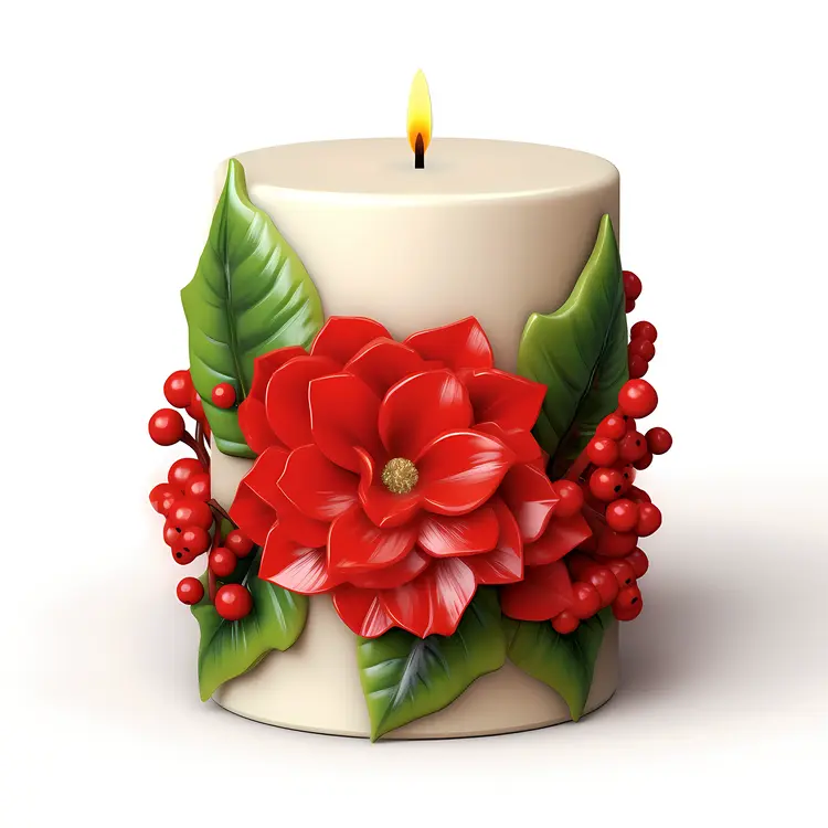 Decorative Candle with Red Flower and Green Leaves