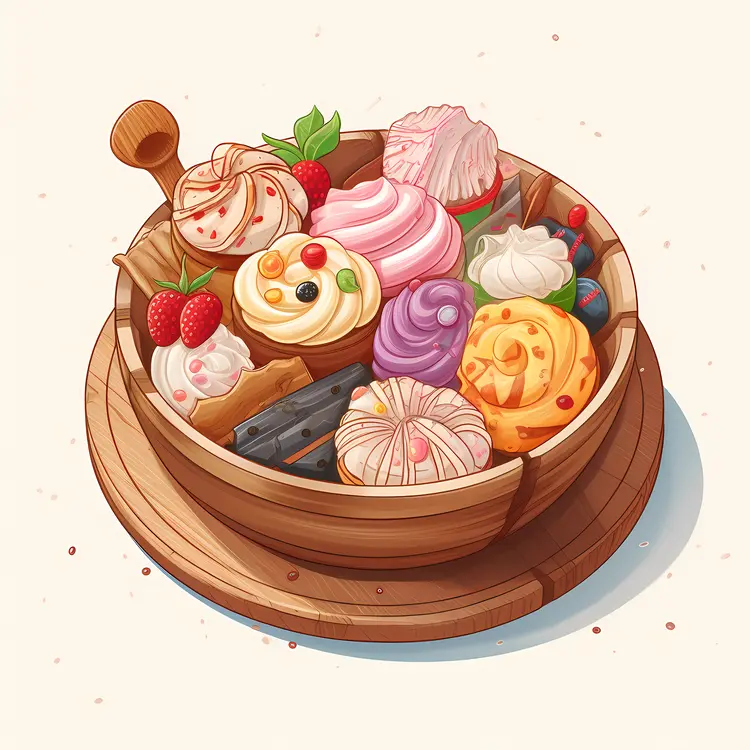 Variety of Colorful Desserts in Wooden Bowl