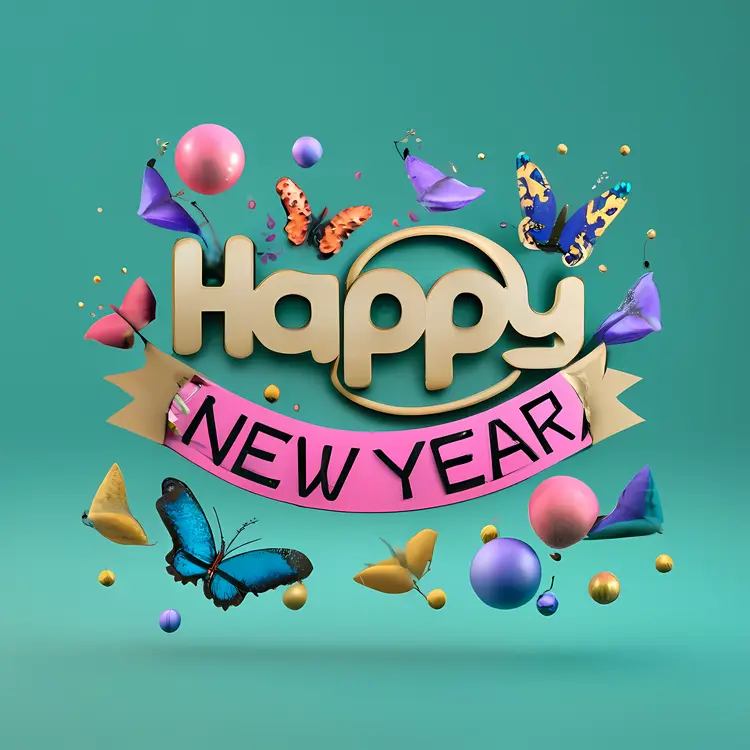 Happy New Year Text with Butterflies and Balloons