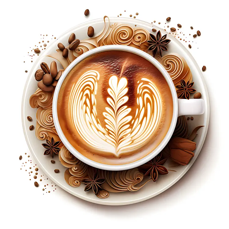 Intricate Latte Art with Coffee Beans and Spices