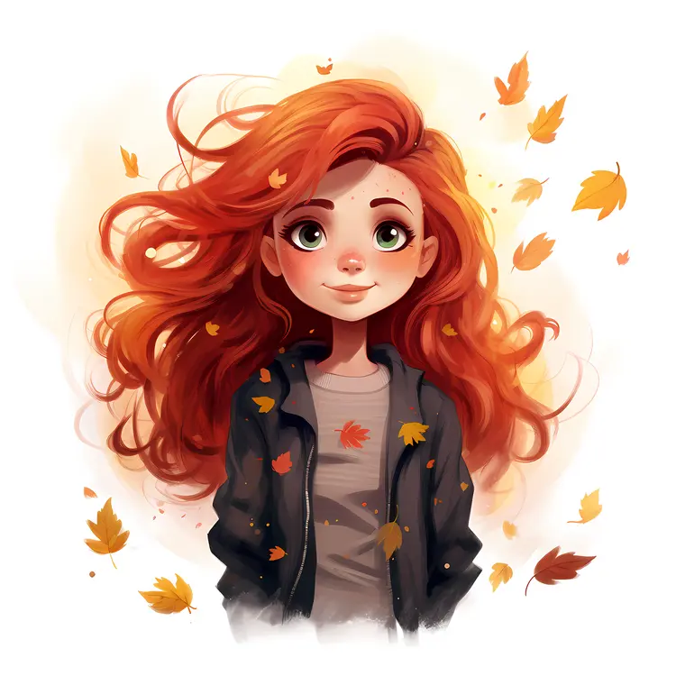 Red-Haired Girl with Autumn Leaves