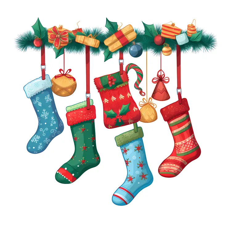 Colorful Christmas Stockings with Gifts and Decorations