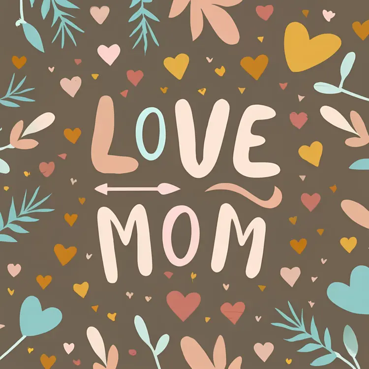 Love Mom with Heart and Leaf Pattern