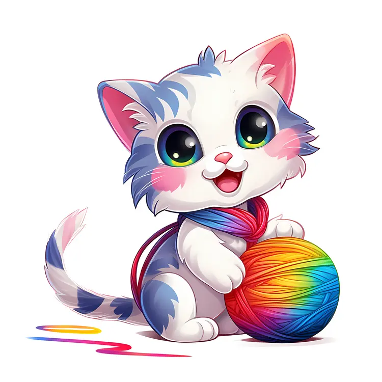 Cute Cartoon Cat with Colorful Yarn Ball