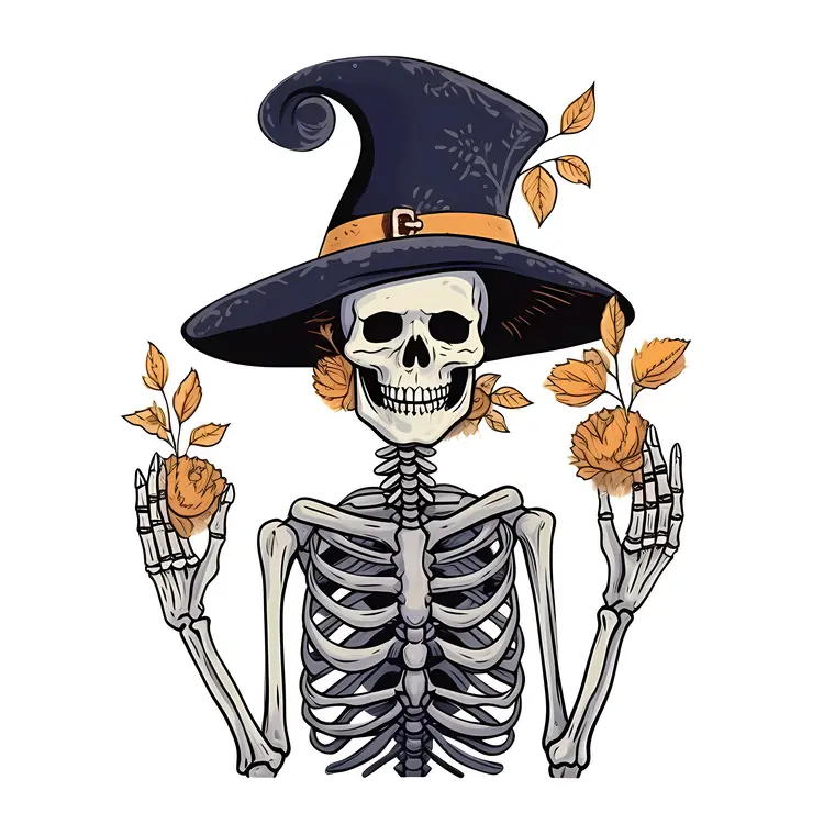 Skeleton with Witch Hat and Flowers