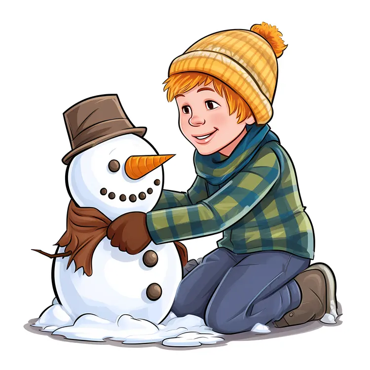 Child Building a Snowman in Winter