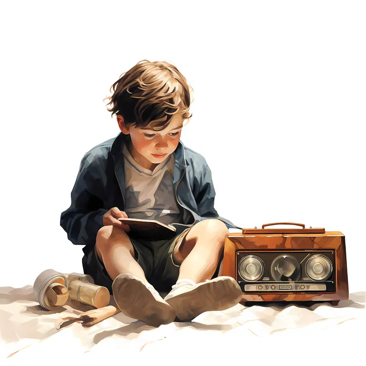 Boy Reading Next to a Vintage Radio