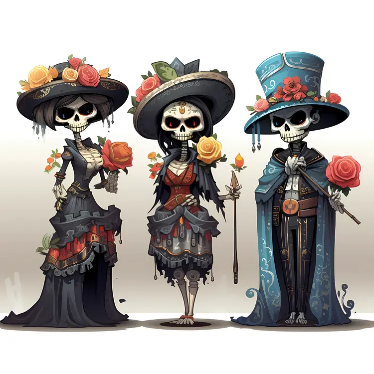Elegant Sugar Skulls with Hats and Roses