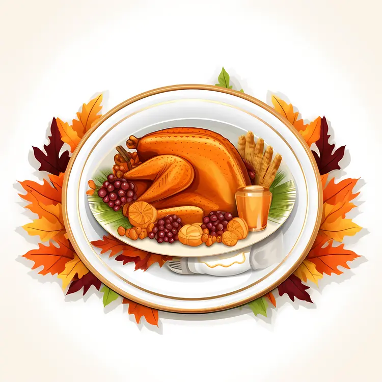 Roasted Turkey with Fruits and Autumn Leaves for Thanksgiving