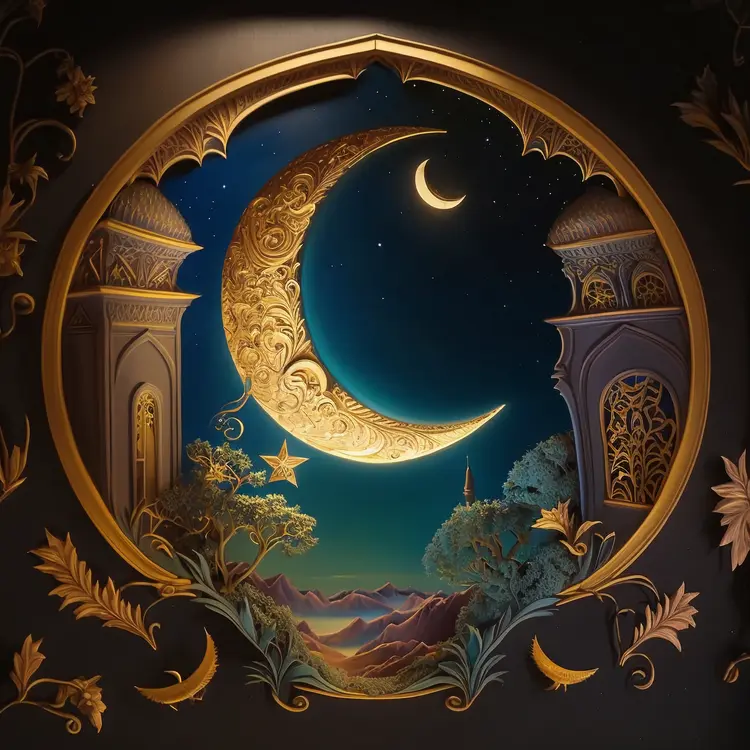 Beautiful Crescent Moon with Islamic Architecture for Ramadan